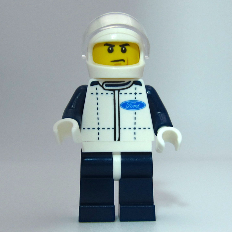 Lego Race Driver, White Torso, Dark Blue Legs, White Helmet, Ford