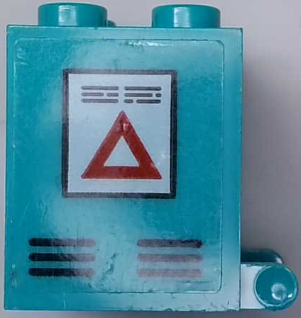 Lego Container, Box 2 x 2 x 2 with White Sign with Red Warning Triangle and Black Air Vent Lines Pattern on Both Sides (Stickers) - Set 60330 / Dark Turquoise