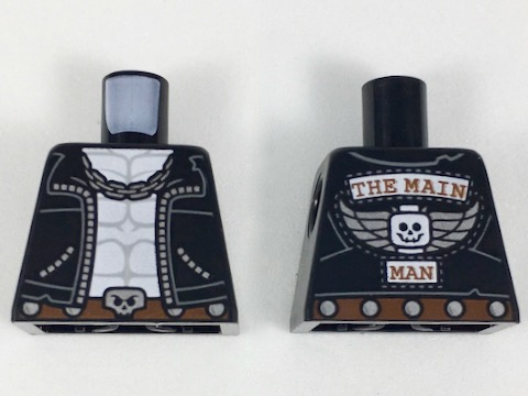 Lego Torso Biker Vest, White Chest with Muscles Outline, Silver Chain, Belt with Skull Buckle, 'THE MAIN MAN' on Back Pattern / Black