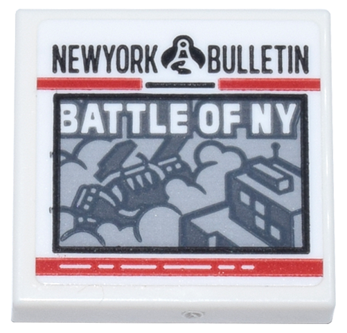 Lego Tile 2 x 2 with Newspaper with Red Stripes, Black 'NEW YORK BULLETIN' and White 'BATTLE OF NY'  Pattern (Sticker) - Set 76269 / White