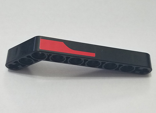 Lego Technic, Liftarm, Modified Bent Thick 1 x 9 (7 - 3) with Red Stripe Pattern Model Right Side (Sticker) - Set 8167 / Black