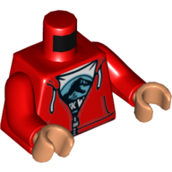 Lego Torso Sweater, Zipper, White Shirt with Jurassic World Logo Print, Red Arms, Nougat Hands / Red