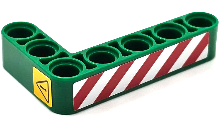 Lego Technic, Liftarm, Modified Bent Thick L-Shape 3 x 5 with Red and White Danger Stripes and Black Exclamation Mark in Danger Triangle Pattern Model Left Side (Stickers) - Set 42080
