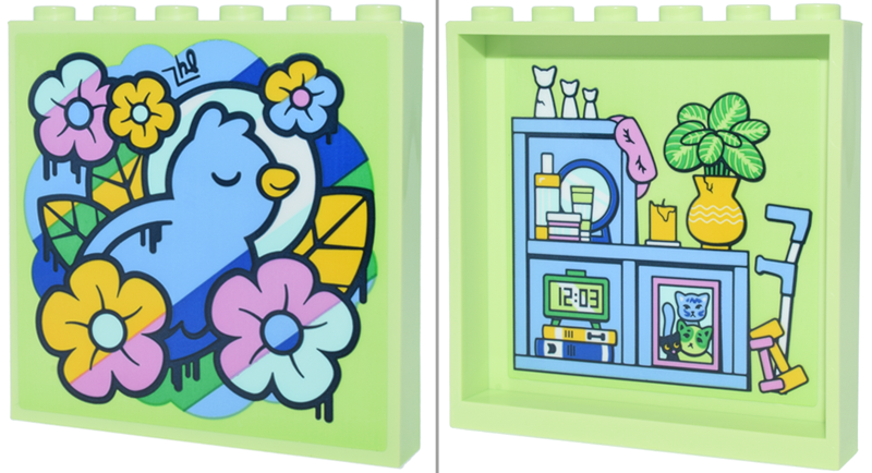 Lego Panel 1 x 6 x 5 with Bright Light Blue Bird Mural with Flowers and Storage Shelves with Plant, Weights, Books, Clock, Crutches on Inside Pattern (Stickers) - Set 42670 / Yellowish Green