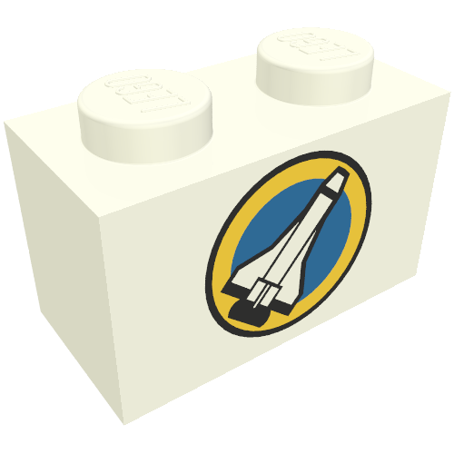 Lego Brick 1 x 2 with Shuttle and Yellow Circle Print / White