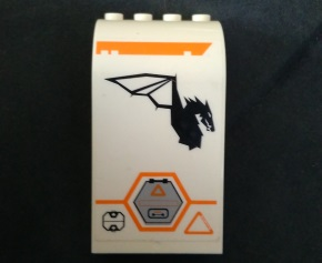 Lego Panel 3 x 4 x 6 Curved Top with Orange Stripe, Gray Hexagonal Hatch and Dragon Logo Facing Right Pattern (Sticker) - Set 7644