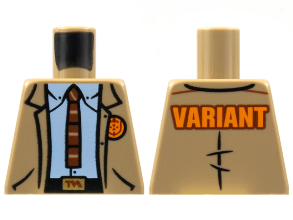 Lego Torso Jacket, TVA Badge and Buckle, Light Bluish Gray Shirt, Reddish Brown Tie, Orange 'VARIANT' on Back Pattern / Dark Tan