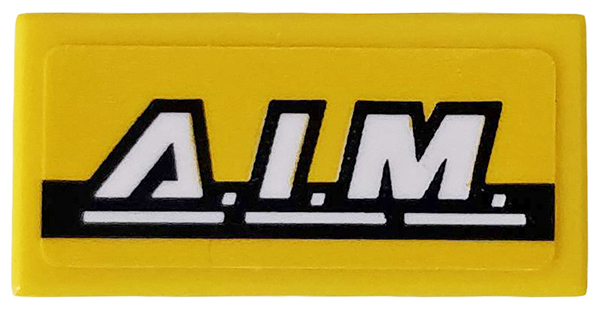 Lego Tile 1 x 2 with White 'A.I.M.' and Black Stripe on Yellow Background Pattern (Sticker) - Set 76142