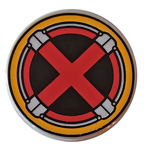 Lego Tile, Round 2 x 2 with Bottom Stud Holder with Red X-Men Logo in Bright Light Yellow Circle Pattern
