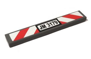 Lego Tile 1 x 6 with Black 'JM 3179' and Red and White Danger Stripes Pattern (Sticker) - Set 3179