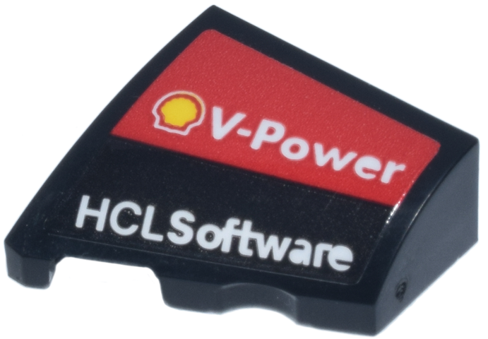 Lego Wedge 2 x 2 x 2/3 Left with White 'V-Power' and Yellow Shell on Red Background and 'HCLSoftware' Logo  Pattern (Sticker) - Set 77242
