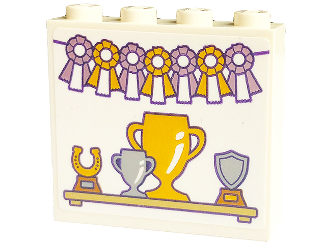 Lego Brick 1 x 4 x 3 with Gold and Bright Pink Bows and Cups and Horseshoe on Shelf Pattern (Sticker) - Set 43195 / White