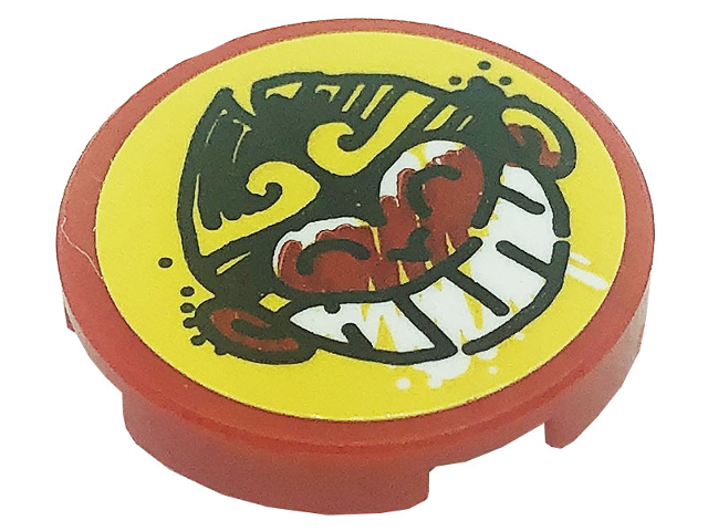 Lego Tile, Round 2 x 2 with Bottom Stud Holder with Monkey Head on Yellow Background Pattern (Sticker) - Set 80008 / Red