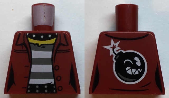 Lego Torso Female Prisoner Jacket over Black and White Striped Undershirt, Bomb on Back Pattern / Dark Red