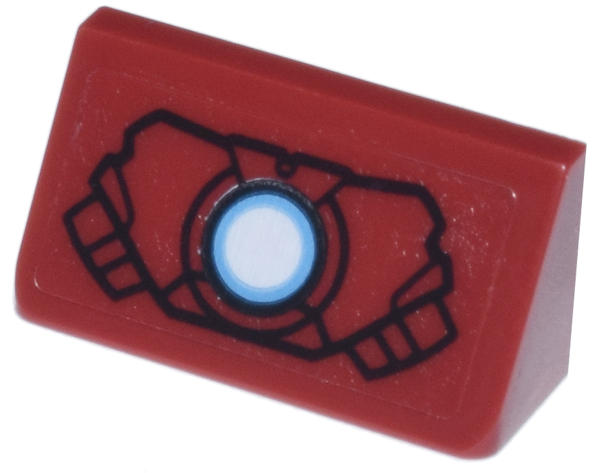 Lego Slope 30 1 x 2 x 2/3 with Black Mark VII Armor Case and White and Medium Blue Circle Arc Reactor Pattern (Sticker) - Set 76269 / Dark Red