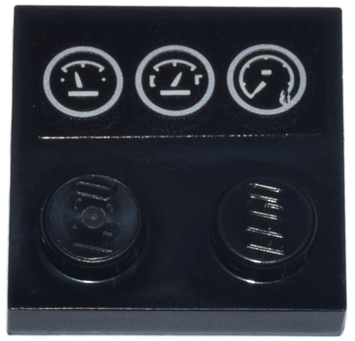 Lego Tile, Modified 2 x 2 with Studs on Edge with Silver Dashboard Gauges Pattern (Sticker) - Set 10357 / Black