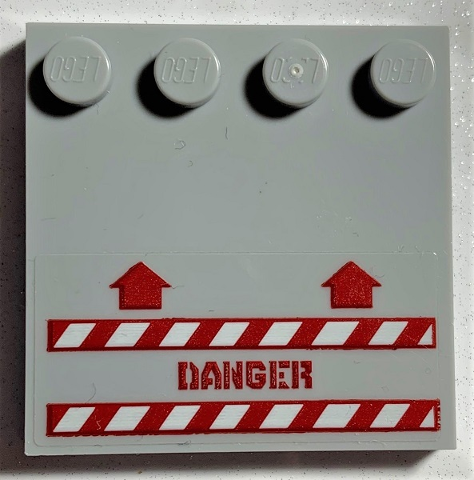 Lego Tile, Modified 4 x 4 with Studs on Edge with 2 Arrows, 'DANGER', and Red and White Danger Stripes Pattern (Sticker) - Set 70631 / Light Bluish Gray