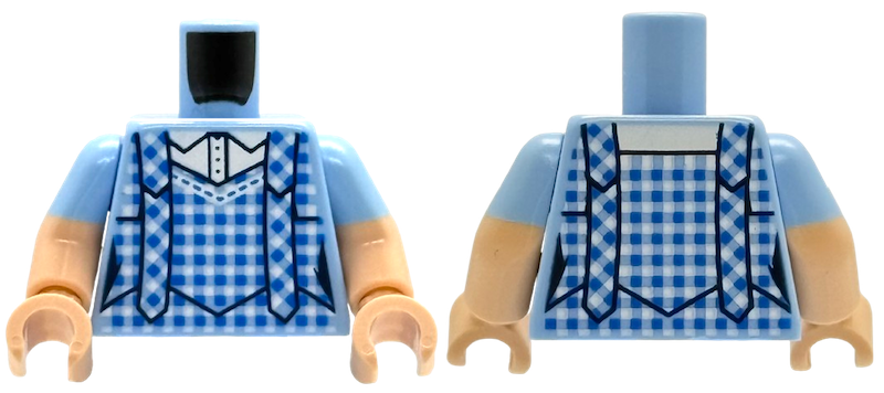 Lego Torso Blue Checkered Gingham Pinafore Dress over White Shirt Pattern / Light Nougat Arms with Molded Bright Light Blue Sleeves Pattern / Light Nougat Hands