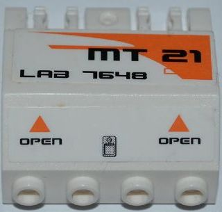 Lego Panel 2 x 4 x 3 1/3 with Double Locking 2 Fingers Hinge with 'MT21', 'LAB 7648', Orange Triangles and 'OPEN' Pattern Model Right Side (Stickers) - Set 7648