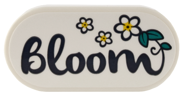 Lego Tile, Round 2 x 4 Oval with White Flowers, Dark Turquoise Leaves, and Dark Blue Script 'Bloom' Pattern (Sticker) - Set 41732 / White