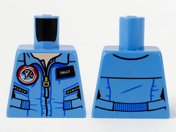 Lego Torso Female Jumpsuit with Zipper with 'SALLY' Name Tag Pattern (Sally Ride) / Medium Blue