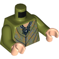 Lego Torso Tunic, Elven Gold Decorations Print, Olive Green Arms, Light Nougat Hands / Olive Green