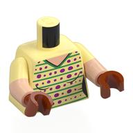 Lego Torso, Dual Molded Arms with V-Neck, Green Stripes, Magenta Dots Print, Bright Light Yellow Sleeves Pattern, Light Nougat Arms, Dark Orange Hands
