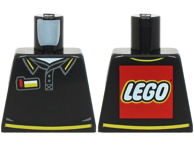 Lego Torso Polo Shirt with Yellow Trim, Name Badge, White Shirt, LEGO Logo on Back Pattern / Black