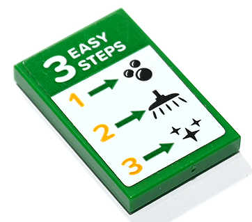 Lego Tile 2 x 3 with White '3 EASY STEPS' Car Wash Instructions with Arrows, Bubbles, Shower and Sparkles and Orange Numbers Pattern (Sticker) - Set 60292 / Green