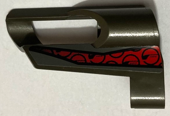Lego Technic, Panel Fairing # 6 Small Short, Large Hole, Side B with Black and Red Pattern (Sticker) - Set 8353 / Pearl Dark Gray
