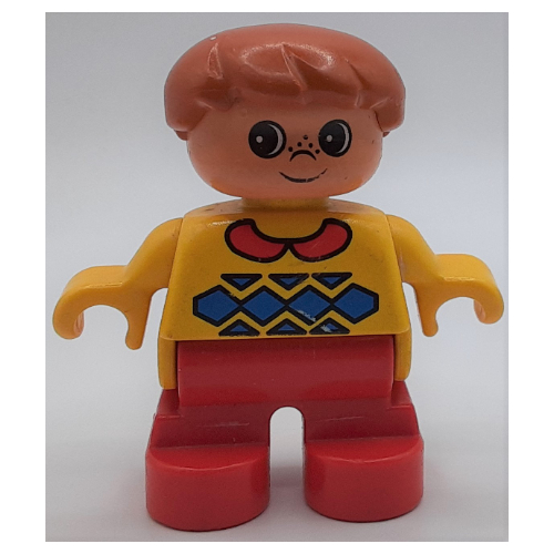 Lego Duplo Figure, Early Child, Hair Swept Left Dark Orange, Red Legs, Red Collar and Blue Argyle Print / Yellow
