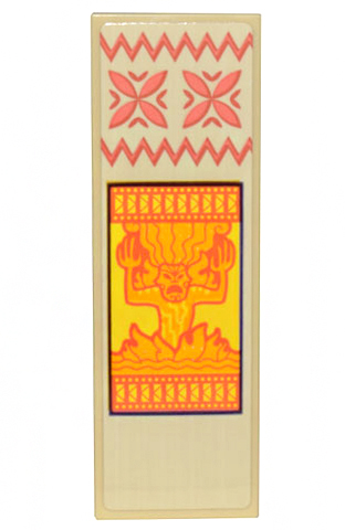 Lego Tile 2 x 6 with Banner with Coral Geometric Flowers and Zigzags, and Orange Monster Te Kā (Te Ka) on Yellow Background Pattern (Sticker) - Set 43205 / Tan