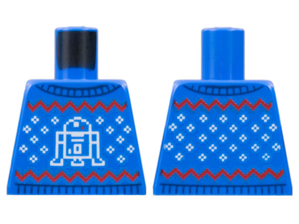 Lego Torso Knit Fair Isle Holiday Sweater with Red Zigzag Lines, White Snowflakes and SW R2-D2 Pattern / Blue