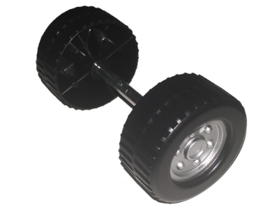 Lego Duplo Wheel with Tread (34mm diameter) Double Assembly with Metal Axle (45mm) and Metallic Silver Classic Hub Pattern / Black