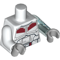 Lego Torso, Odd Arms, Armor Black Belt and Dark Red Markings Print, Left Trans-Light Blue Arm with Lightning Print, Right White Arm, Light Bluish Gray Hands / White