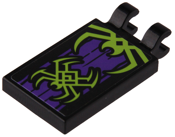 Lego Tile, Modified 2 x 3 with 2 Open O Clips with Lime Spiders on Dark Purple Fabric Folds Pattern (Sticker) - Set 80022 / Black