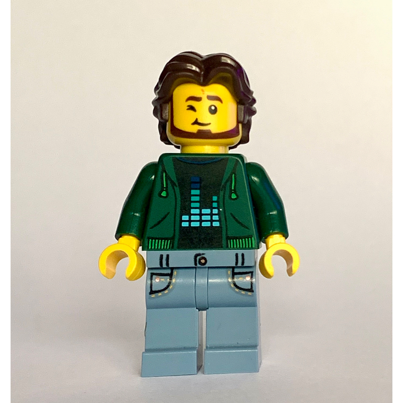 Lego Man, Dark Green Torso, Sand Blue Legs, Dark Brown Hair