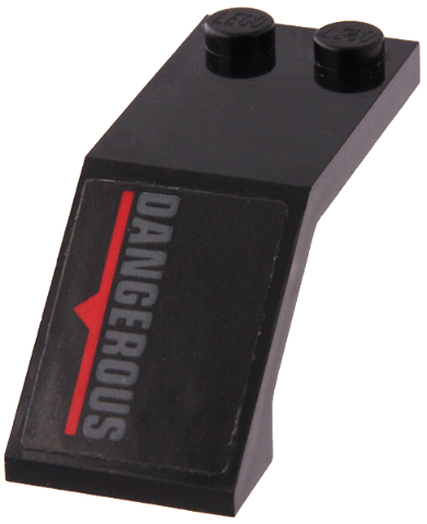 Lego Windscreen 5 x 2 x 1 2/3 with Dark Bluish Gray 'DANGEROUS', Red Line and Triangle Pattern Model Left Side (Sticker) - Set 70917
