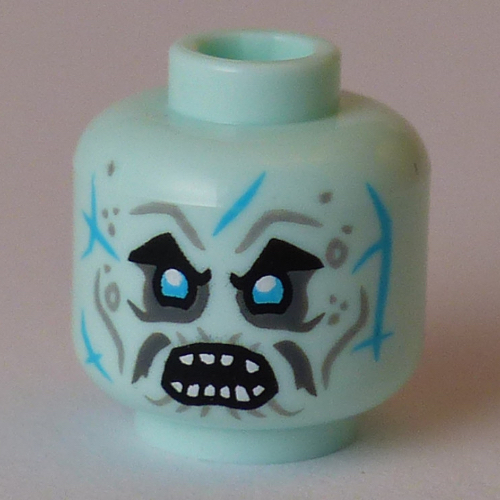 Lego Minifig Head Grimfax, Silver Eyes, Moustache, Azure Lines, Teeth, Closed Mouth / Open Mouth / Light Aqua