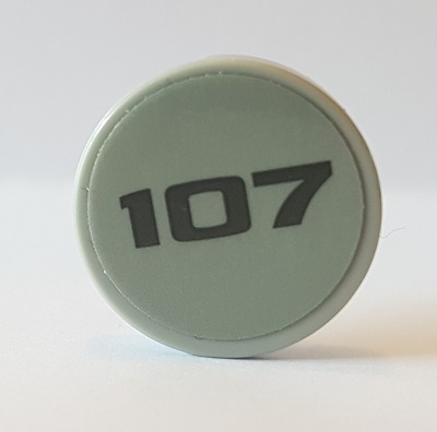 Lego Tile, Round 2 x 2 with Bottom Stud Holder with Dark Bluish Gray '107' on Light Bluish Gray Background Pattern (Sticker) - Set 10269