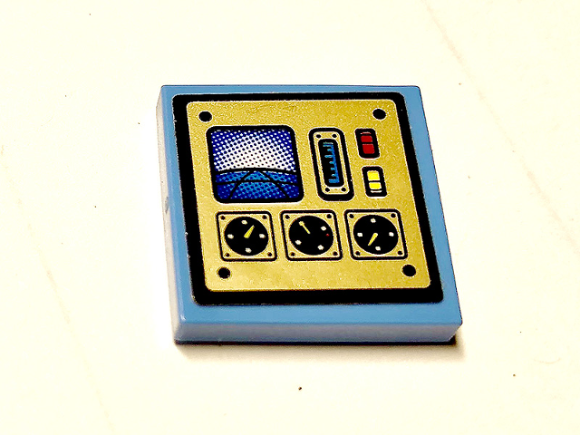 Lego Tile 2 x 2 with Gold Panel and 3 Black Gauges Pattern (Sticker) - Set 70595 / Medium Blue