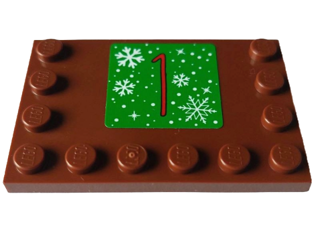 Lego Tile, Modified 4 x 6 with Studs on Edges with Red Number 1 and White Snowflakes on Green Square Pattern (Sticker) - Set 4002023 / Reddish Brown