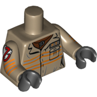 Lego Torso Jumpsuit with 'P.T.' ID Badge and 'P' Necklace Print, Dark Tan Arms with Ghostbusters Logo Print, Black Hands / Dark Tan
