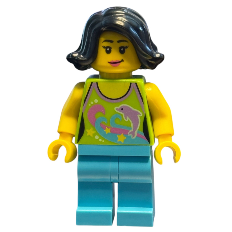 Lego Woman, Lime Halter Top with Dolphins, Medium Azure Legs, Black Hair