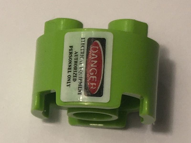 Lego Brick, Round 2 x 2 with Axle Hole with 'DANGER' and 'ELECTRICAL EQUIPMENT AUTHORIZED PERSONNEL ONLY' Pattern Sideways (Sticker) - Set 10274 / Lime