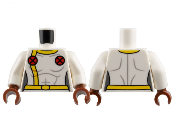 Lego Torso Female Super Hero Costume with Yellow Collar, Stripe, and Belt, 2 Red Circles with X-Men Logo Pattern / White Arms / Reddish Brown Hands
