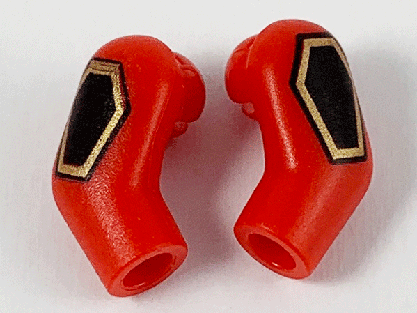 Lego Arm, (Matching Left and Right) Pair with Black and Gold Hexagon Pattern / Red