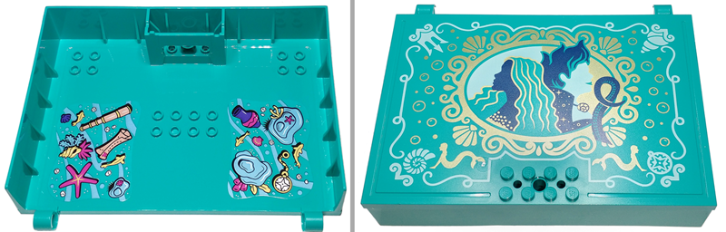 Lego Container, Book Cover Half, 16 x 12 x 2 2/3 with Lock Compartment (Storybook Adventures) with Ariel, Ursula, Gold and White Shells and Trim and Seafloor, Shells, and Fish Pattern (Stickers) - Set 43213 / Dark Turquoise