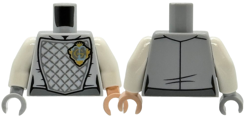 Lego Torso Armor with Dark Bluish Gray Lattice Padding, Gold Crest Badge with Crown and Capital Letter G Pattern / White Arms / Light Bluish Gray Hand Left / Light Nougat Hand Right