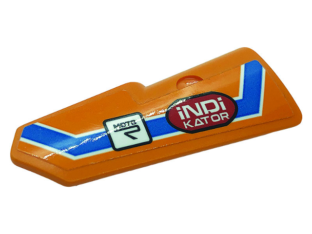 Lego Technic, Panel Fairing #22 Very Small Smooth, Side A with Dark Azure Line, Logos 'MOTO' and 'iNDi KATOR' Pattern (Sticker) - Set 42104